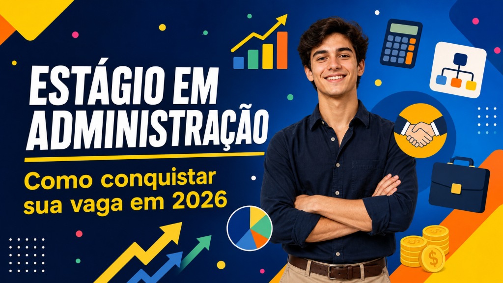 Estudante de Administração sorrindo rodeado de ícones de gestão e negócios — como conseguir estágio em Administração em 2026
