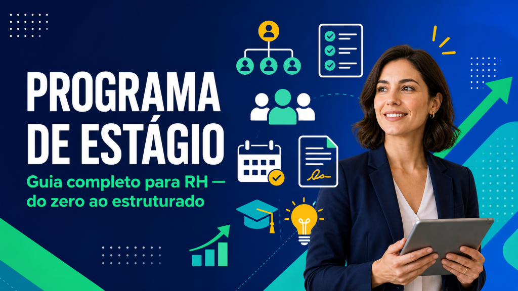 Profissional de RH com ícones de gestão de pessoas e organização — como montar um programa de estágio do zero para empresas em 2026