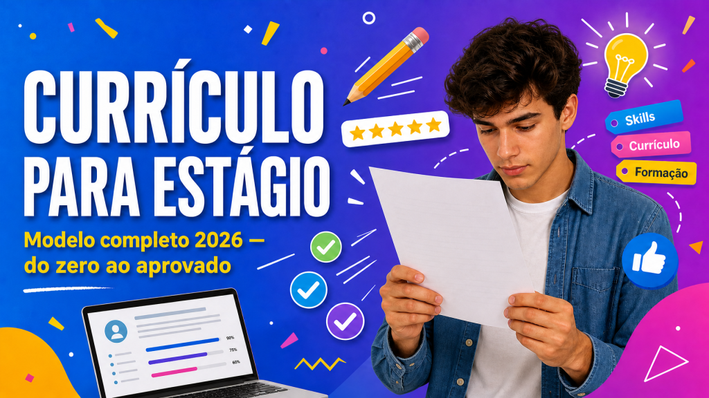 Jovem estudante lendo atentamente seu currículo rodeado de elementos coloridos — como fazer um currículo para estágio do zero em 2026